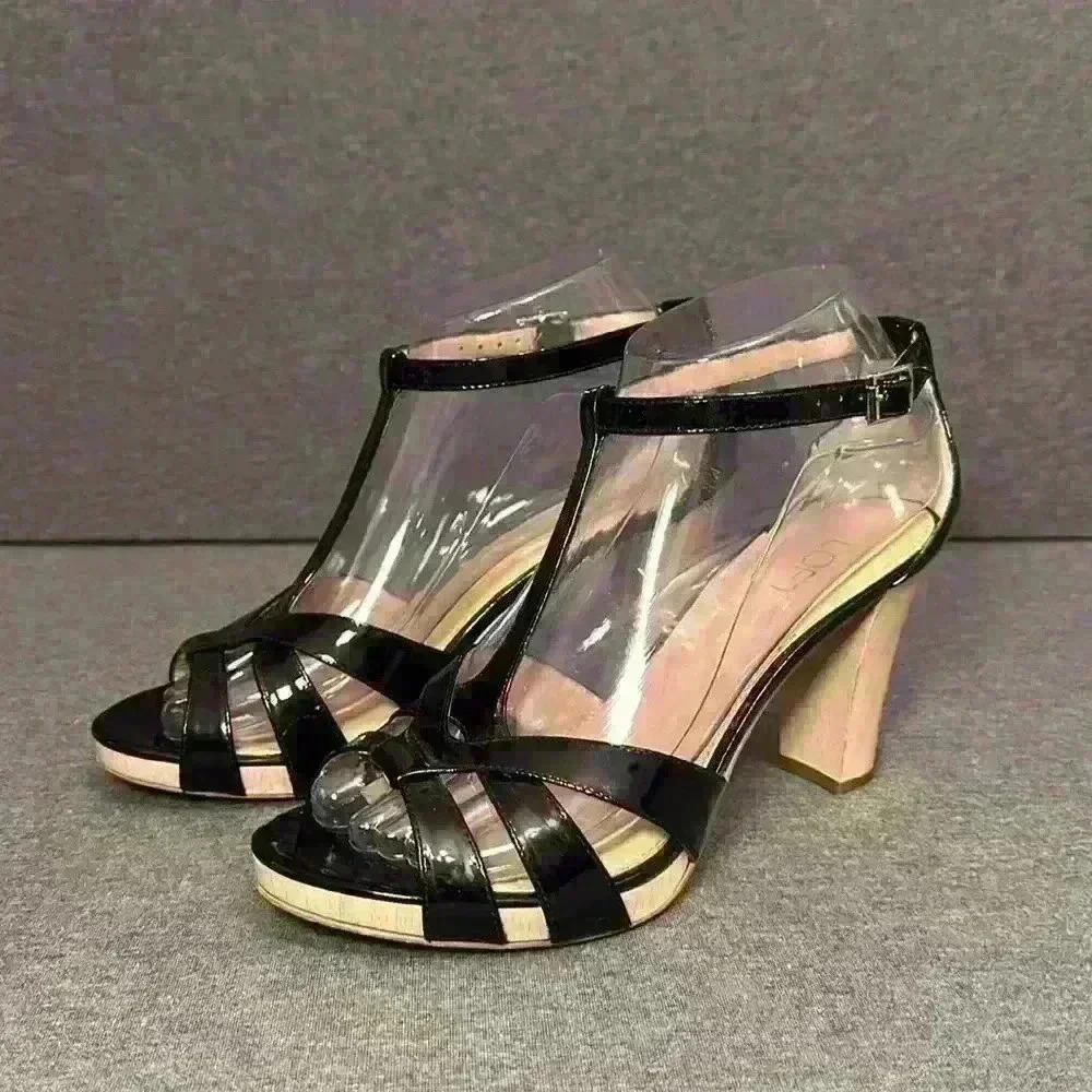 Ann Taylor LOFT Black Patent Leather Heeled T-Strap Sandal Women Sz 6.5 - Picture 4 of 11